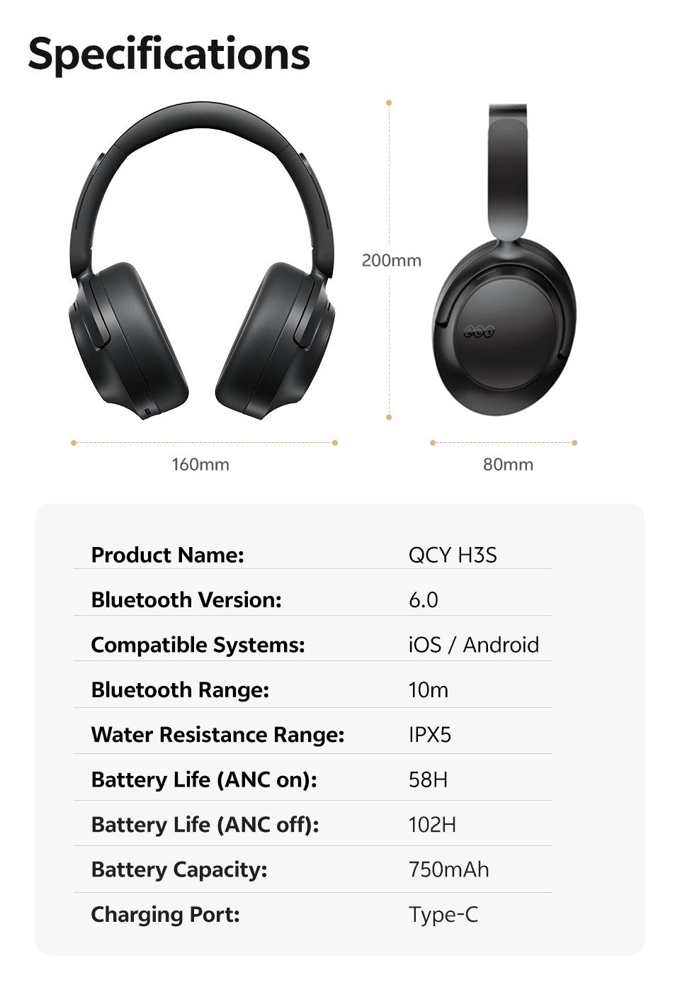 Qcy Anc Fone De Ouvido Sem Fio H3S 56Db Com Cancelamento De Ruído Hi-Res 3D Fone